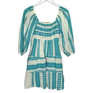 Sofia Made In Italy Dress OS Turquoise Cream Mini 100% Cotton Square Neck